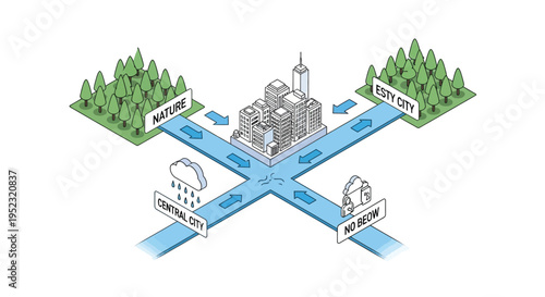 Illustration of city connections with nature and central areas displayed