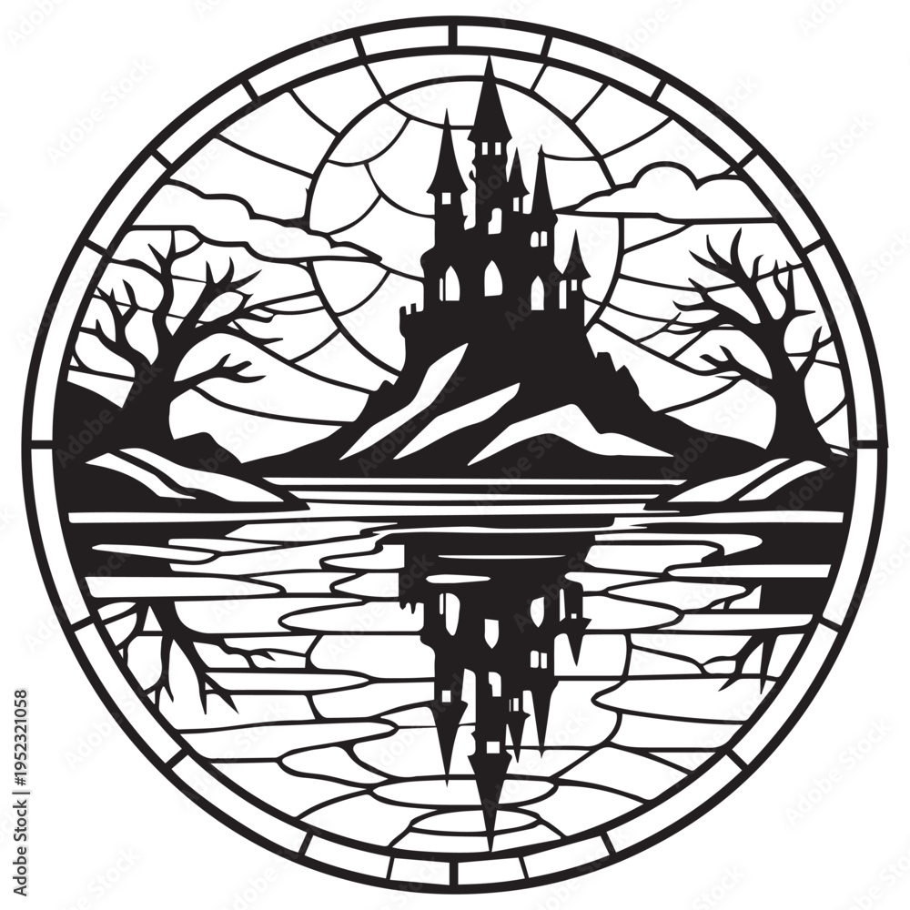 Naklejka premium Castle Reflection In Water Stained Glass Design, Halloween Stained Glass Pattern, Witch Ghost illustration, Gothic Glass Template, Halloween Suncatcher Clipart
