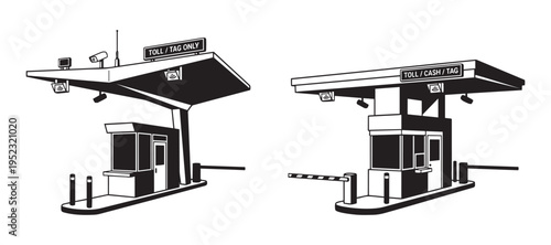 Toll booth illustration for highway collection with cash and tag options