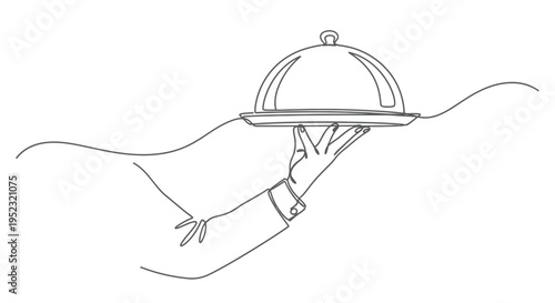 A single line drawing of a hand presenting a covered serving dish