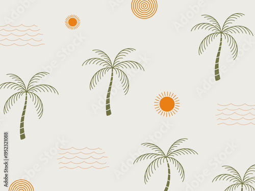 Minimalist tropical pattern with green palm trees orange sun and wavy lines beige background