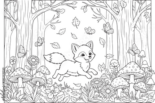 Joyful young fox jumping through autumn forest coloring page vector illustration with falling leaves mushrooms and flying butterflies art