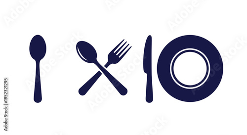 Simple navy blue flatware and plate icon set for dining