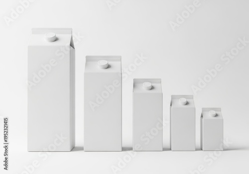 A row of milk cartons in varying sizes on a white background.