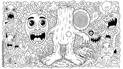 Intricate Whimsical Doodle Art Illustration with Fantasy Creatures, Tree Stump Character, and Organic Shapes for Coloring