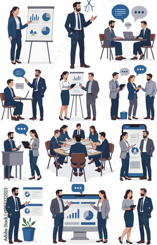 Business Meeting Collage: Presentations, Discussions, and Collaboration