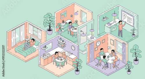 Isometric illustration depicts various interior scenes of people at work and rest
