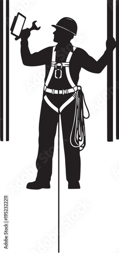 Construction worker in hard hat and safety harness working at height vector silhouette illustration line art