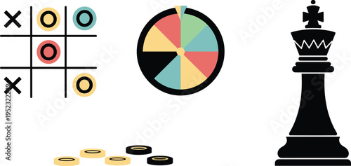 Board Games and Gambling Elements Illustration Set Featuring Tic Tac Toe, Spin Wheel, Coins, and Chess Pieces for Fun and Leisure Designs