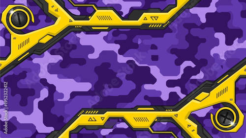 Vibrant Digital Camouflage Pattern Background with Futuristic Yellow and Black Tech Frame Design