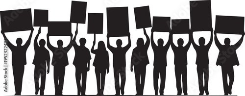 Group of protestors holding blank signs and placards for demonstration vector silhouette illustration line art
