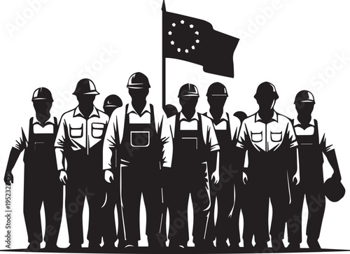 Labor union protest silhouette with workers holding flag together vector illustration design