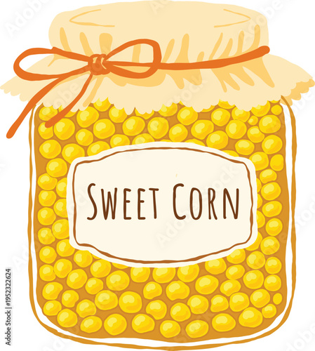 A cozy hand-drawn illustration of a glass jar filled with bright yellow sweet corn kernels, covered with fabric and tied with rustic string for food packaging, recipe books, kitchen decor