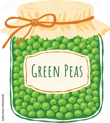 A charming hand-drawn illustration of a glass jar filled with bright green peas, covered with fabric and tied with rustic string for food packaging, recipe books, kitchen decor, grocery branding