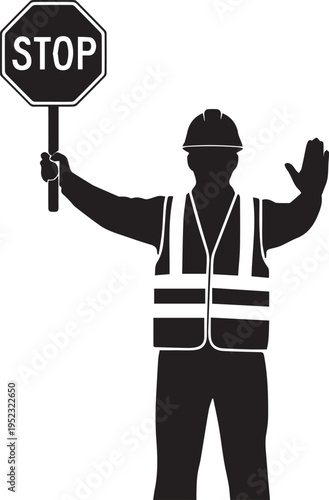 Road safety worker silhouette holding stop sign for traffic illustration vector line art sign