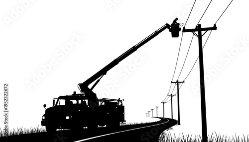 Utility truck silhouette, power line repair, electrical maintenance, worker safety, infrastructure service vector illustration