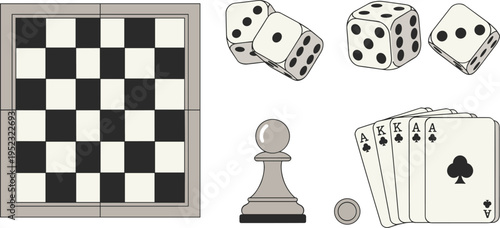 Classic Board Games and Card Elements Illustration Set Featuring Chessboard, Dice, Playing Cards, and Pawn for Strategy Games and Entertainment Designs