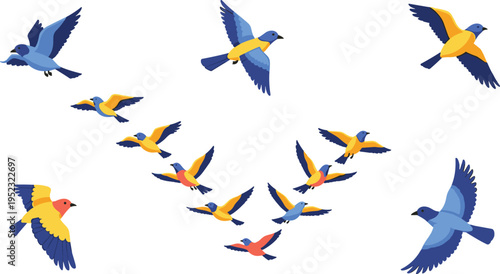 Colorful Flock of Birds Illustration Set Featuring Blue and Yellow Birds in Flight for Nature, Wildlife, and Avian Designs
