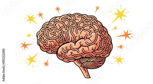Cartoon Human Brain with Radiating Sparks Illustration