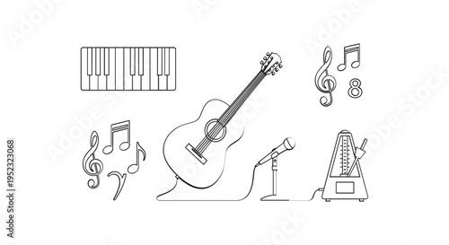 Guitar and Music Elements Line Art.