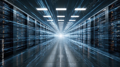 Illuminated Data Center Server Room Corridor with Blue Digital Streams of Light and Glowing Rectangular Server Racks Stretching into the Distance Under Bright Overhead Lights