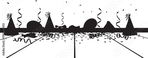 Party celebration silhouette vector illustration with confetti balloons and festive hats art