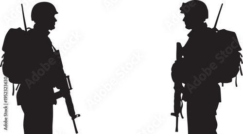 Two soldier silhouettes with rifles and backpacks, military vector illustration