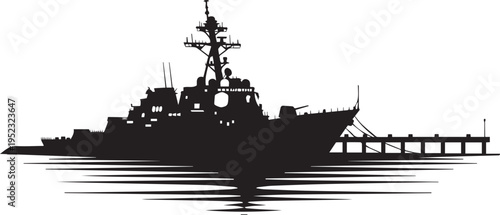 Warship silhouette docked at pier naval vessel vector illustration
