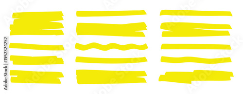 Yellow wavy highlight strokes playful hand drawn marker lines with irregular widths and rounded ends casual doodle aesthetic lively energy for scrapbooks blogger graphics creative presentations fun