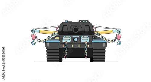 A cartoon tank in front view with chains and hooks, tow-like features