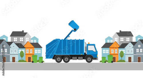 Cartoon image of a garbage truck collecting trash from bins in a suburban neighborhood