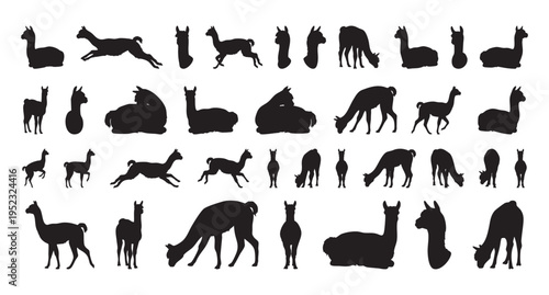 Alpaca figures playful. Adorable alpaca outlines for children. Joyful silhouettes of alpacas for kidfriendly designs. Friendly black alpaca shapes perfect for nursery art and stickers