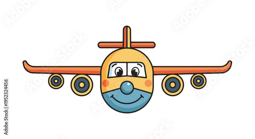 A cheerful cartoon airplane with a yellow body, blue nose and bottom, and orange wings