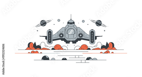 A stylized spaceship flies through space, with planets, clouds, and abstract shapes