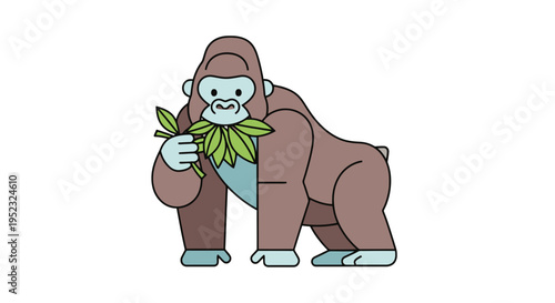 A stylized gorilla, brown with blue accents, eats leaves, on a white background