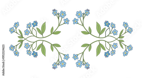 Symmetrical floral design of forget-me-nots with blue petals and green leaves