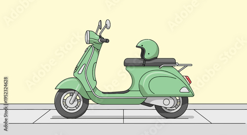 A green scooter with a helmet on the seat, parked on a sidewalk against a pale yellow background