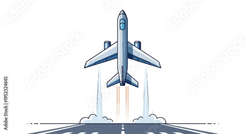 Illustration of a plane taking off from a runway, viewed from below