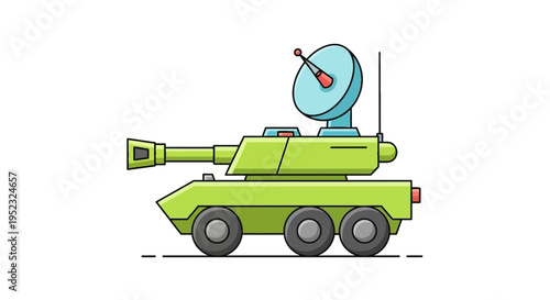 Cartoon illustration of a green military vehicle with a radar dish and cannon