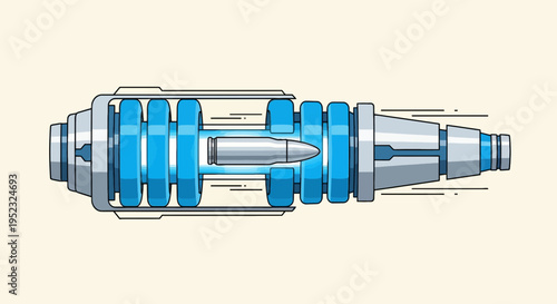 A futuristic device with a bullet enclosed in blue energy, ready to launch