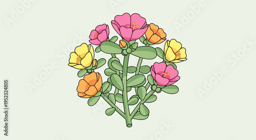 A stylized illustration of a flowering plant featuring blossoms in pink, orange, and yellow hues