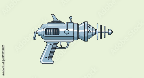 Illustration of a silver retro ray gun with intricate details, on a light green backdrop