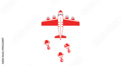 Illustration of a red airplane dropping cargo via parachutes against a white background