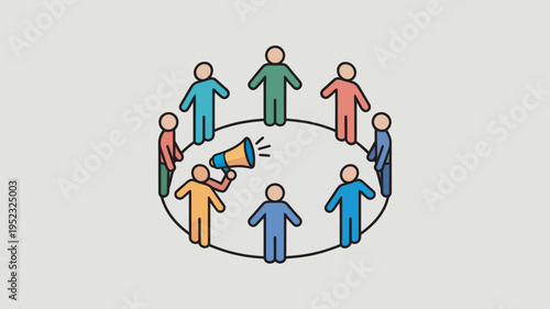 A diverse group of people standing in a circle with one person holding a megaphone to communicate effectively.