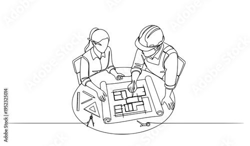 Two construction workers reviewing a building plan in a minimalist line art style