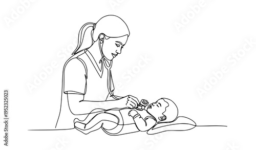 A mother tenderly feeding her baby with a bottle in a minimalist line art illustration