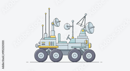 Stylized illustration of a six-wheeled rover with antennas and a dish