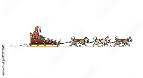 Stylized depiction of a dog sled team, with a driver and four huskies, moving