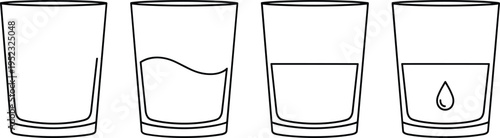 Set of drinking glass icons showing different water levels and droplet symbol, minimalist outline design representing hydration, liquid measurement, and beverage concepts on clean background