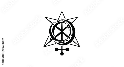 Mystical abstract symbol features a five-pointed star, an ouroboros, and a cross on a.